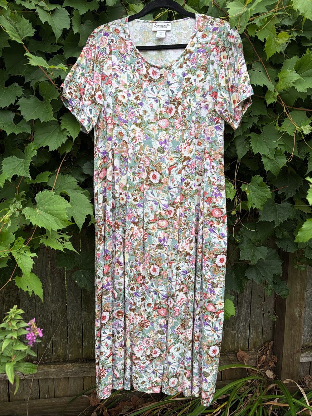 Long Floral SERENGETI Full Button Front Shirt Dress w/ Pockets M
